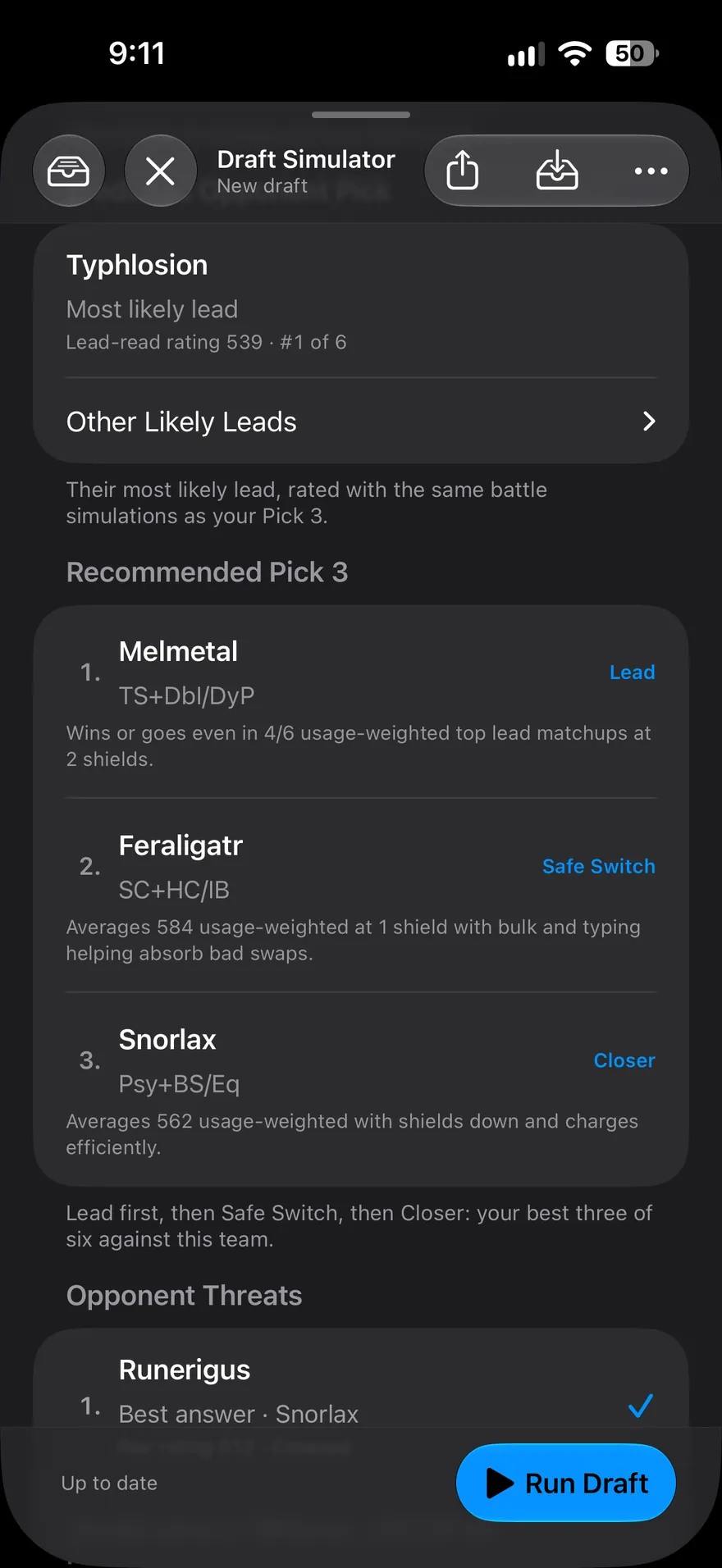 Draft Simulator with the opponent’s likely lead and a recommended Pick 3
