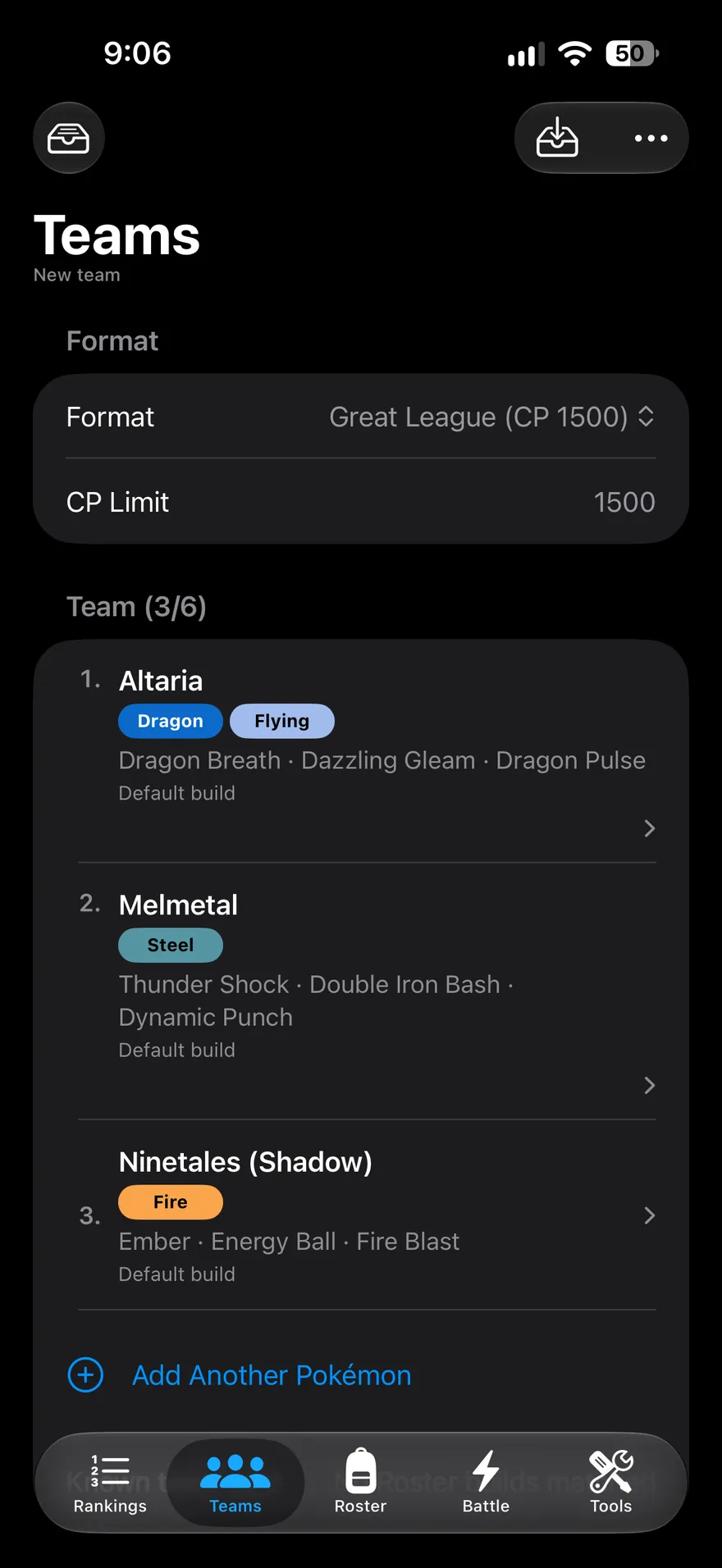 Team Builder with three Pokémon, their moves, and the format
